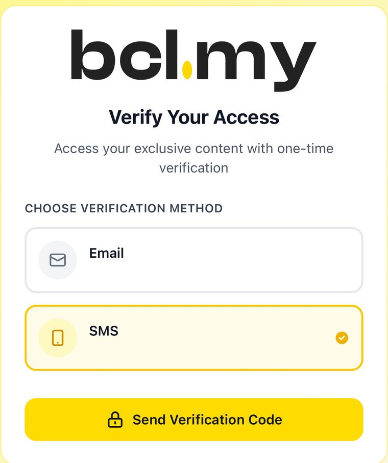 The BCL Verify Your Access screen offering e-mail or SMS verification.