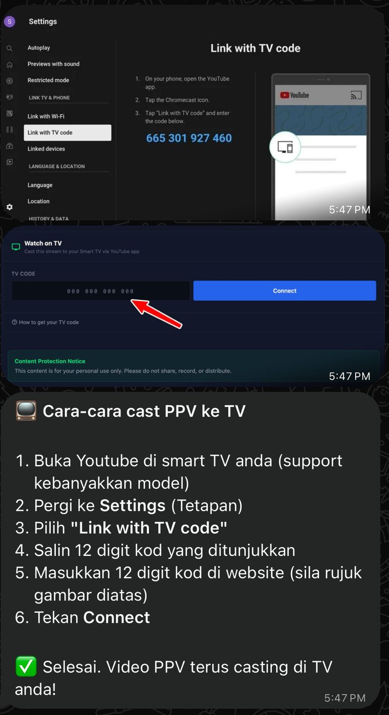 The YouTube Link with TV code screen beside the Watch on TV box on the stream page.